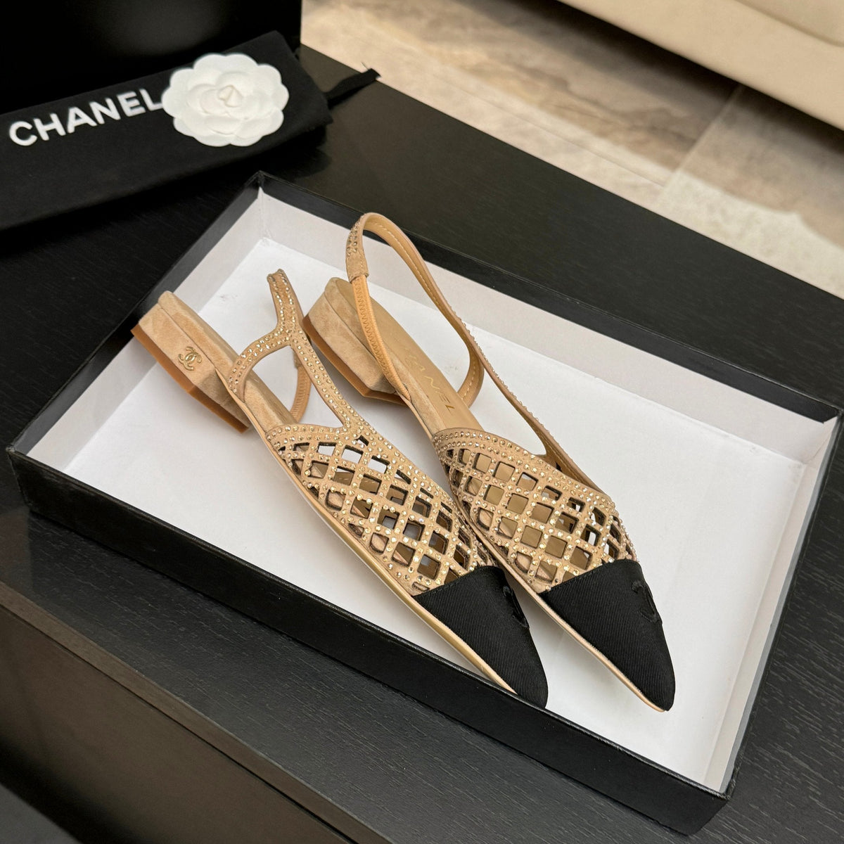 CC 26s Rhinestone Slingback Flat Shoe Beige Black Suede Canvas 907695