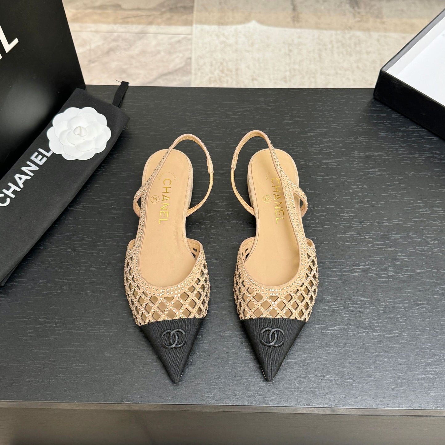 CC 26s Rhinestone Slingback Flat Shoe Beige Black Suede Canvas 907695