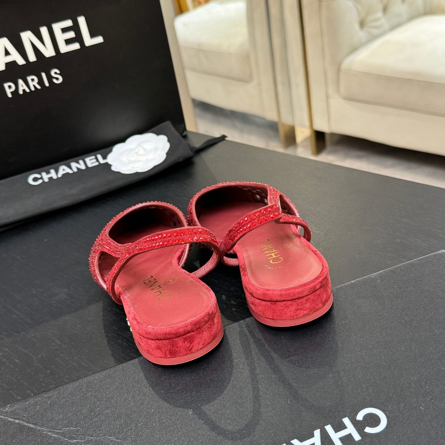 CC 26s Rhinestone Slingback Flat Shoe Red Black Suede Canvas 907697