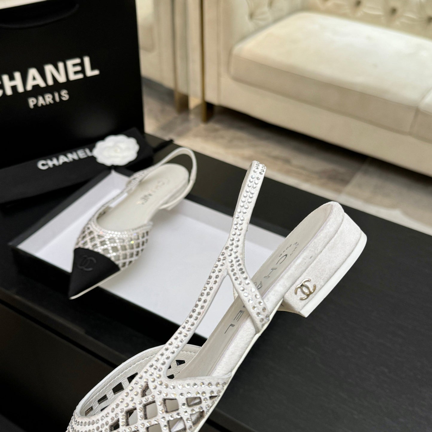 CC 26s Rhinestone Slingback Flat Shoe White Black Suede Canvas 907698