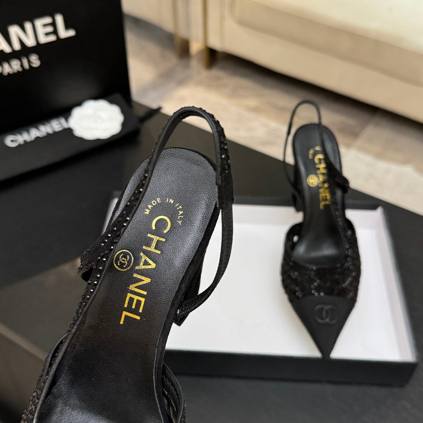 CC 26s Rhinestone Pointed-Toe Shoe Black Suede Canvas 907703