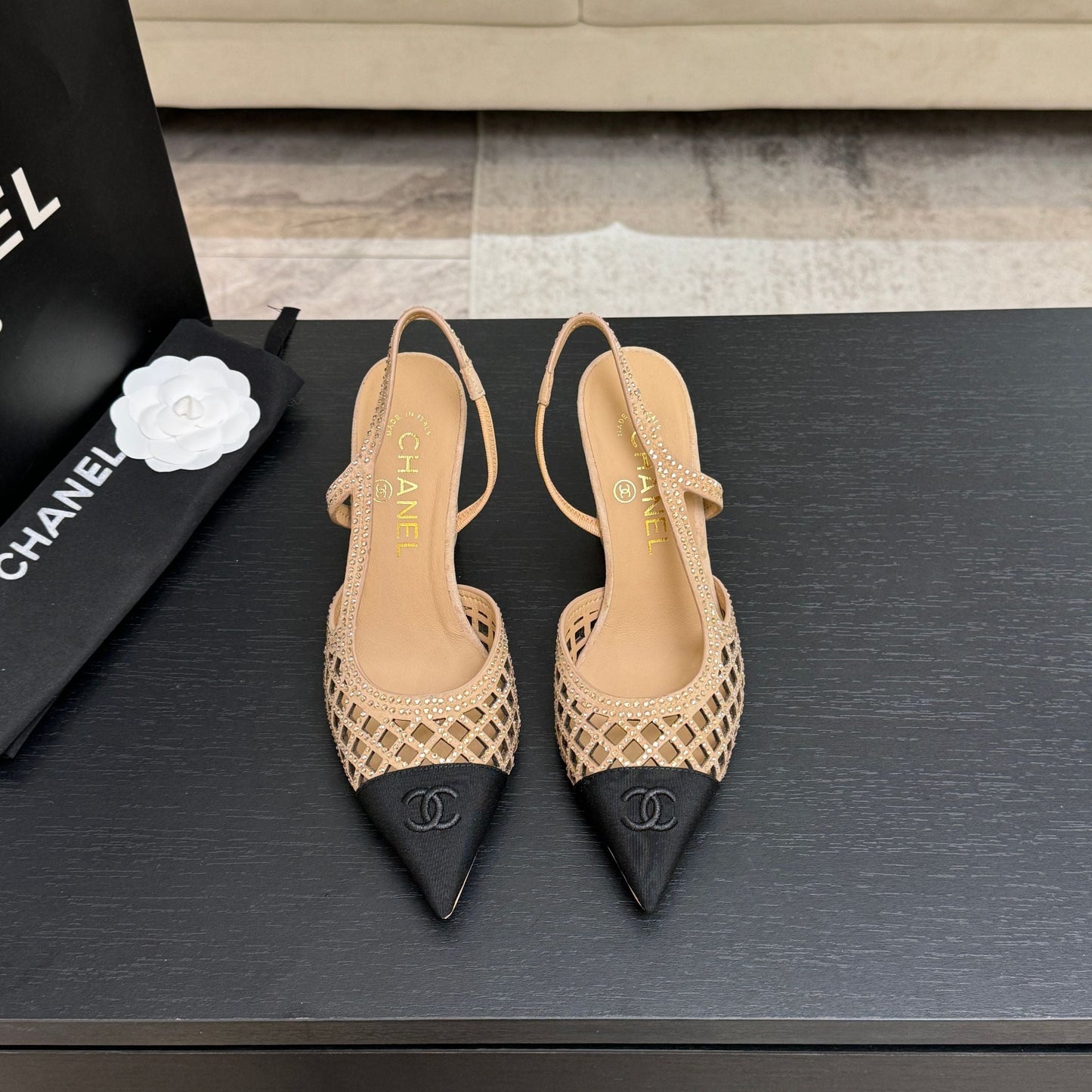 CC 26s Rhinestone Pointed-Toe Shoe Beige Black Suede Canvas 907704