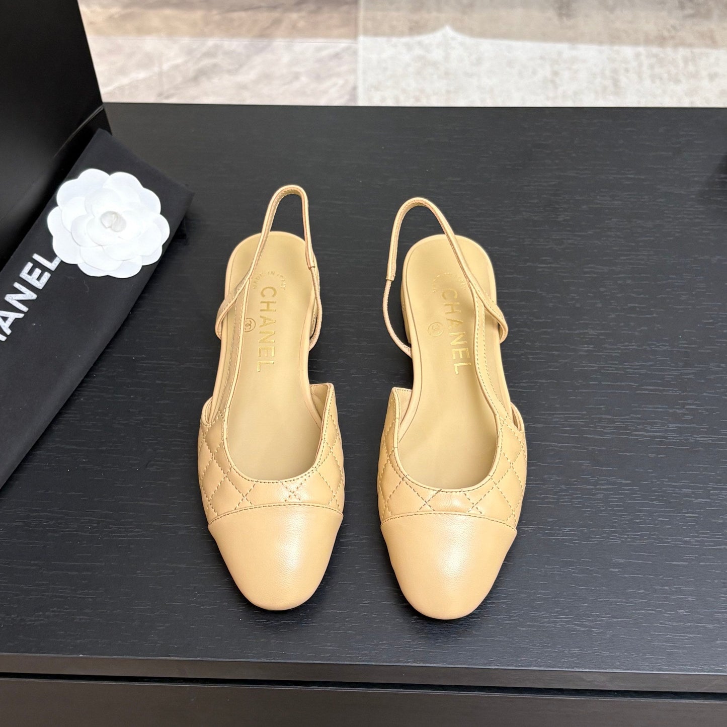 CC 26s Block Heel Slingback 1.5cm Coffee Quilted Lambskin 957983