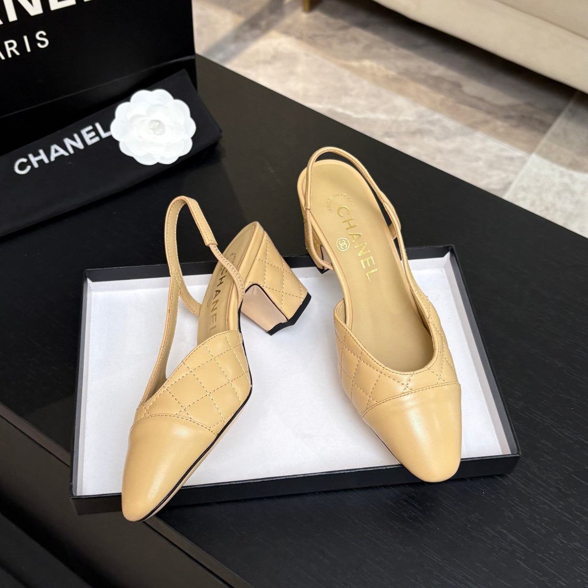 CC 26s Block Heel Slingback 6cm Beige Quilted Lambskin 957994