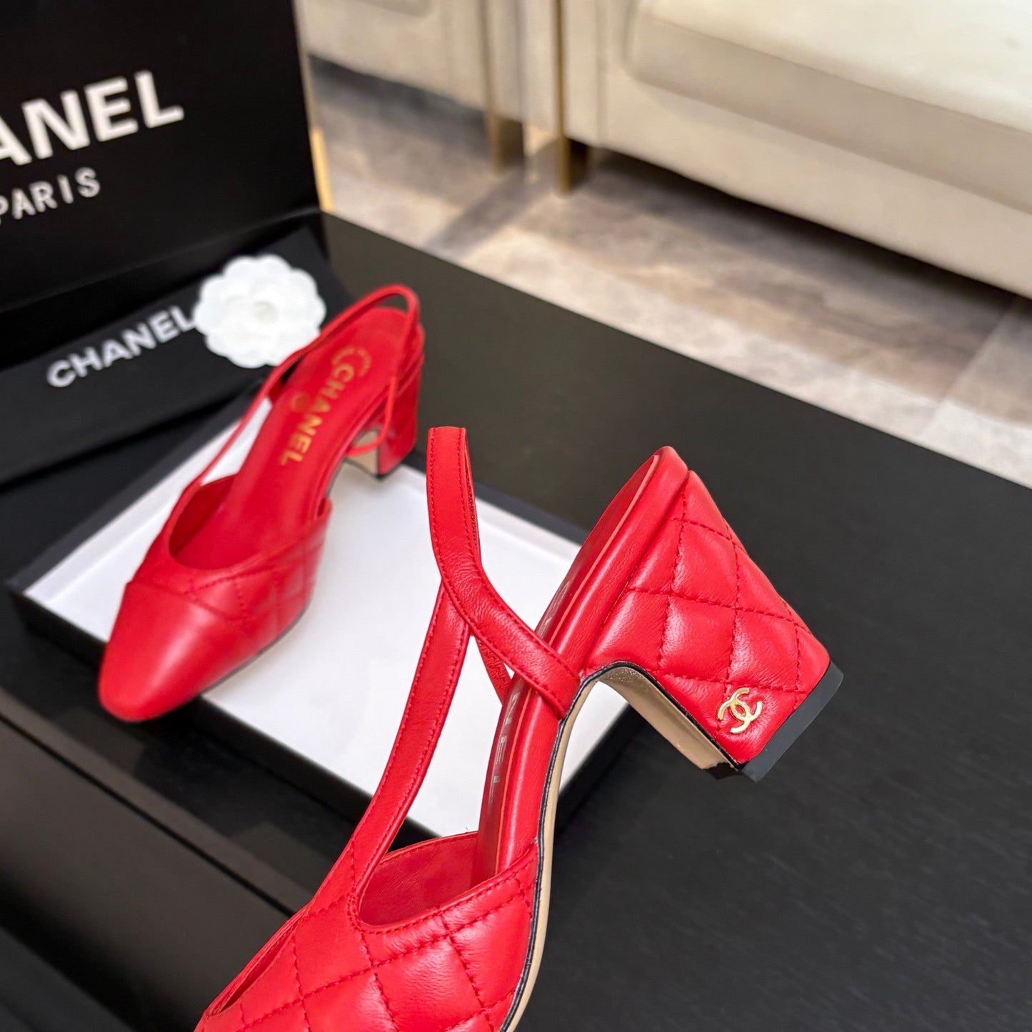 CC 26s Block Heel Slingback 6cm Red Quilted Lambskin 957995