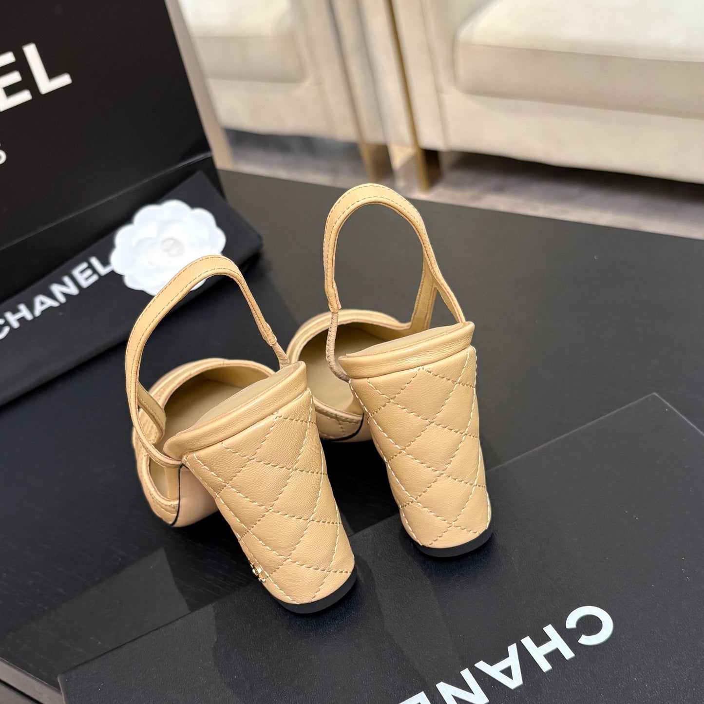 CC 26s Block Heel Slingback 9cm Beige Quilted Lambskin 957997