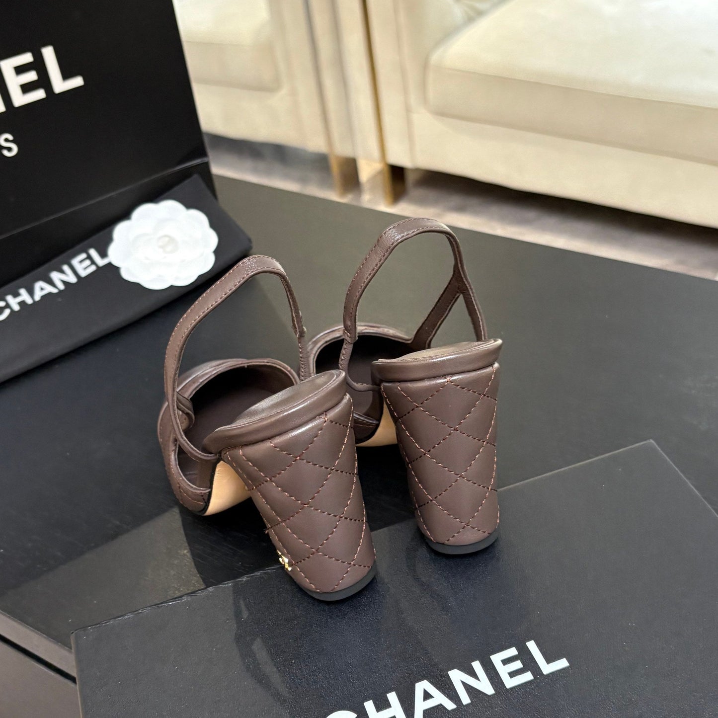 CC 26s Block Heel Slingback 9cm Coffee Quilted Lambskin 958002