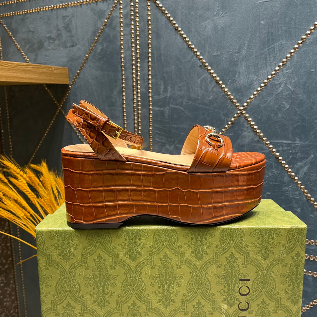 GG  HORSEBIT FLATFORM SANDAL CARAMEL CALFSKIN