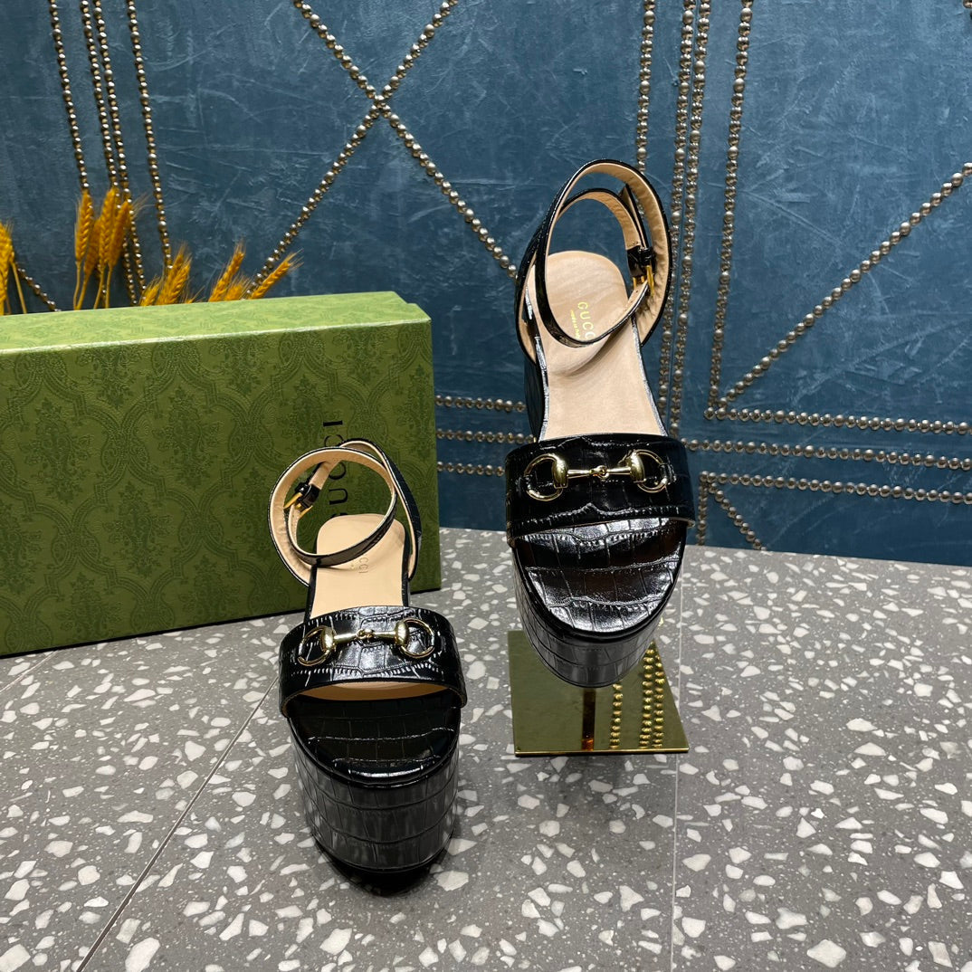 GG  HORSEBIT FLATFORM SANDAL GLOSSY BLACK CALFSKIN