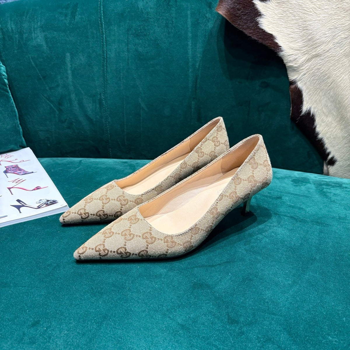GG Pointed-Toe Slingback  Light Beige Canvas 741264