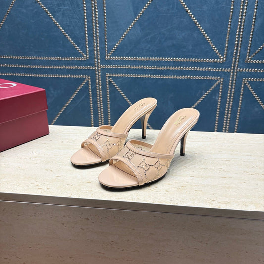GG Women's Crystal Slide 8.5cm Sandal Beige Mesh Leather 741295