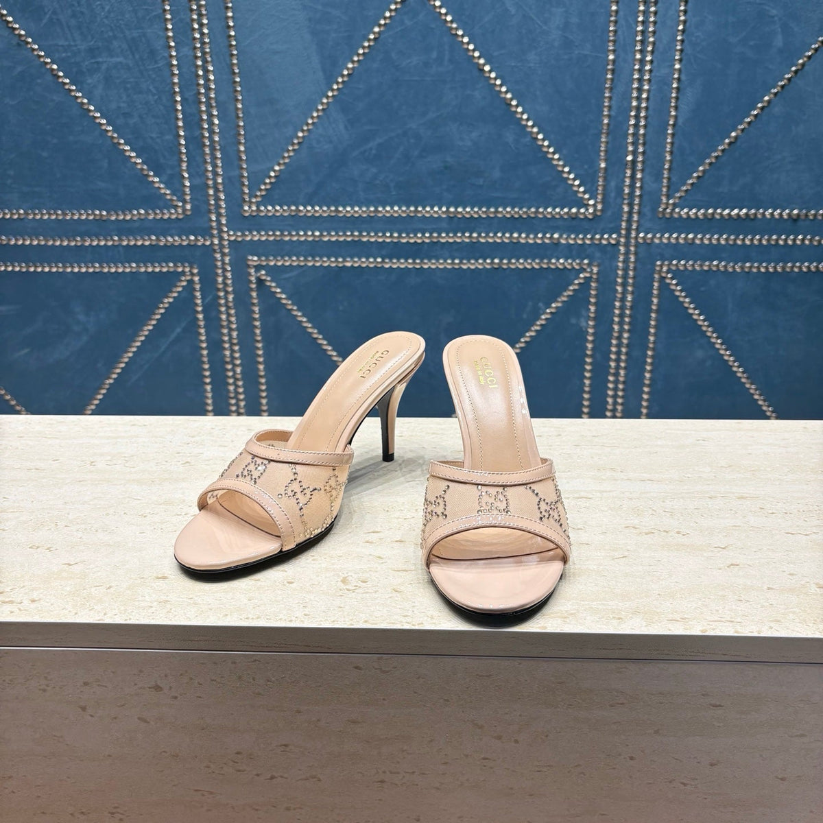 GG Women's Crystal Slide 8.5cm Sandal Beige Mesh Leather 741295