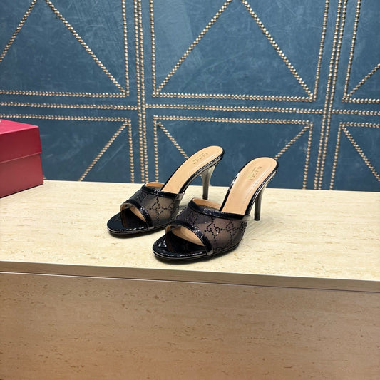 GG Women's Crystal Slide 8.5cm Sandal Black Mesh Leather 741296