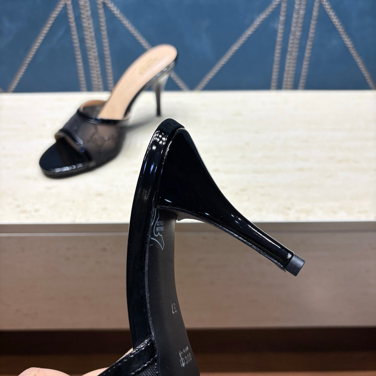 GG Women's Crystal Slide 8.5cm Sandal Black Mesh Leather 741296