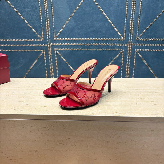 GG Women's Crystal Slide 8.5cm Sandal Burgundy Mesh Leather 741297