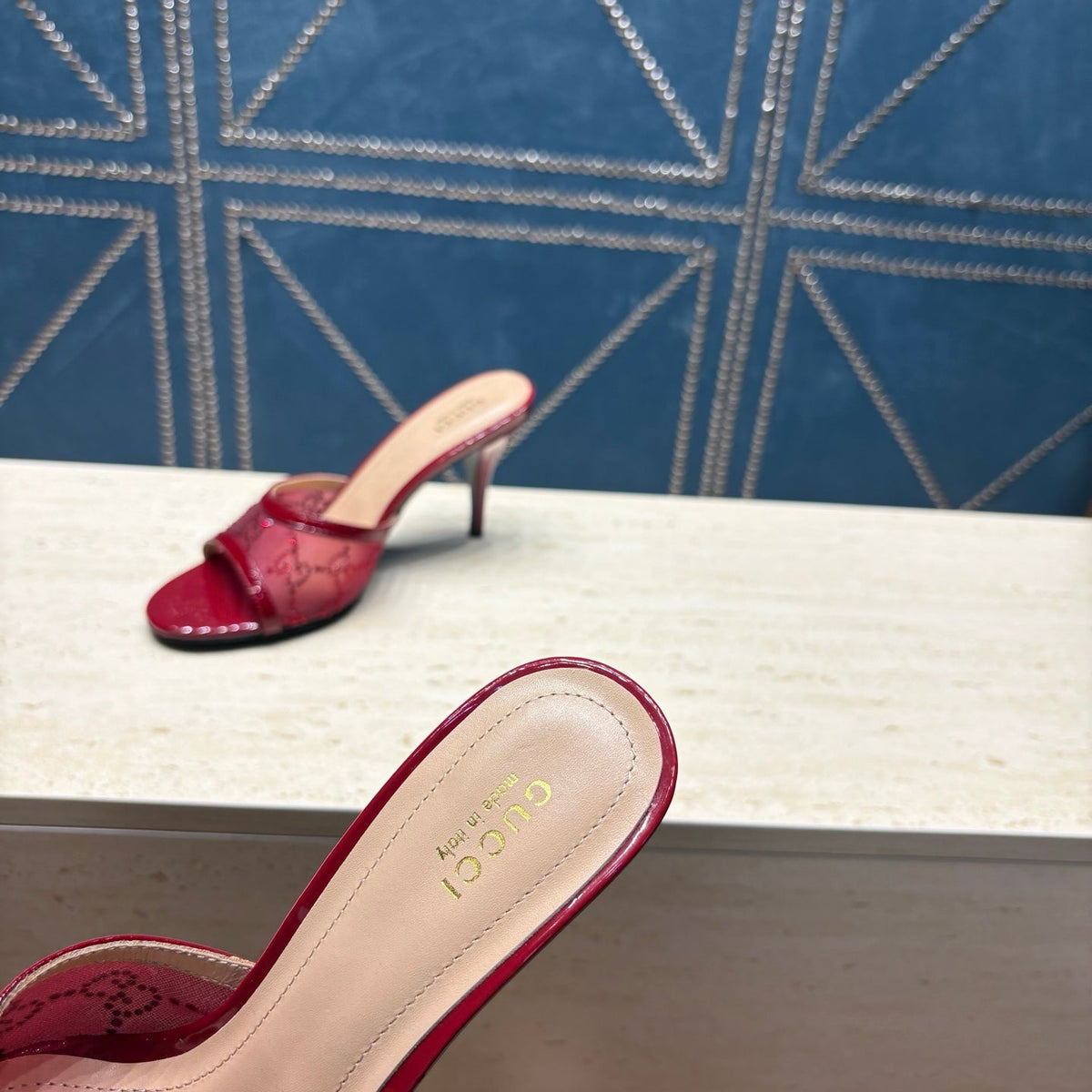 GG Women's Crystal Slide 8.5cm Sandal Burgundy Mesh Leather 741297