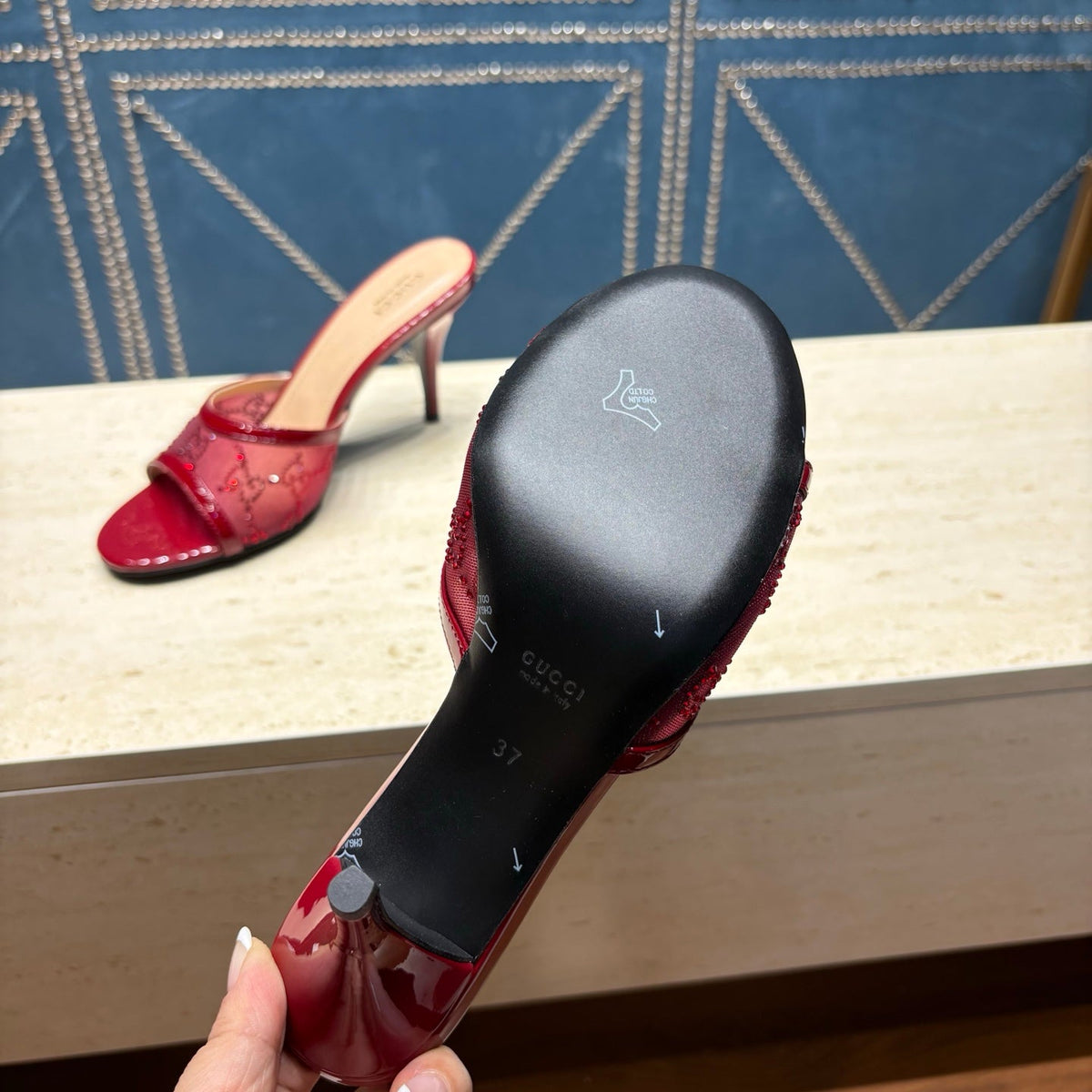 GG Women's Crystal Slide 8.5cm Sandal Burgundy Mesh Leather 741297
