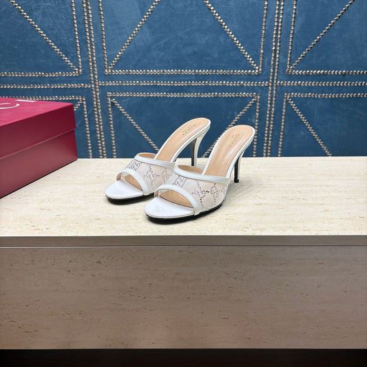 GG Women's Crystal Slide 8.5cm Sandal White Mesh Leather 741298