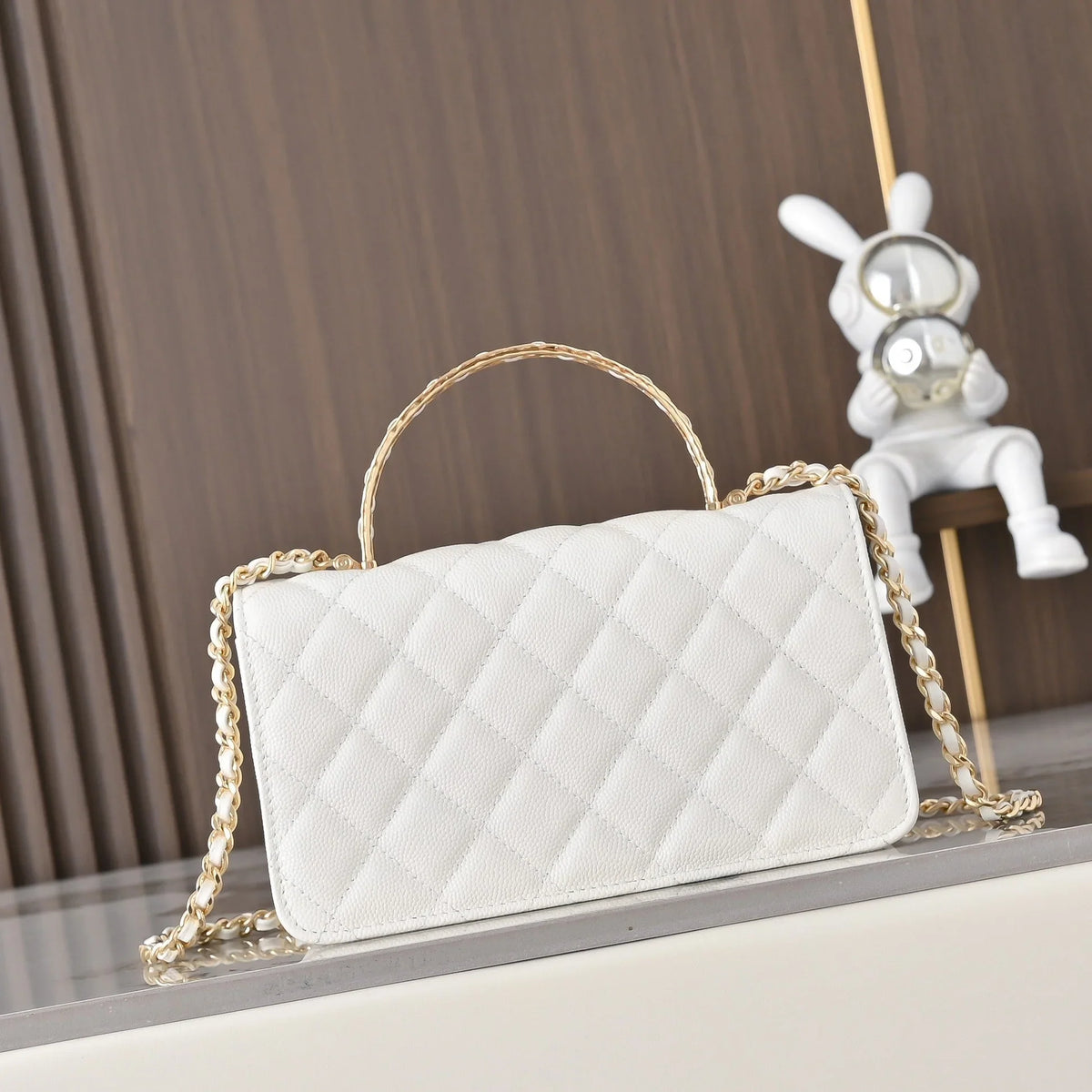 Chanel 2026 Gold Handle Bag 18.5cm Black and White Calfskin