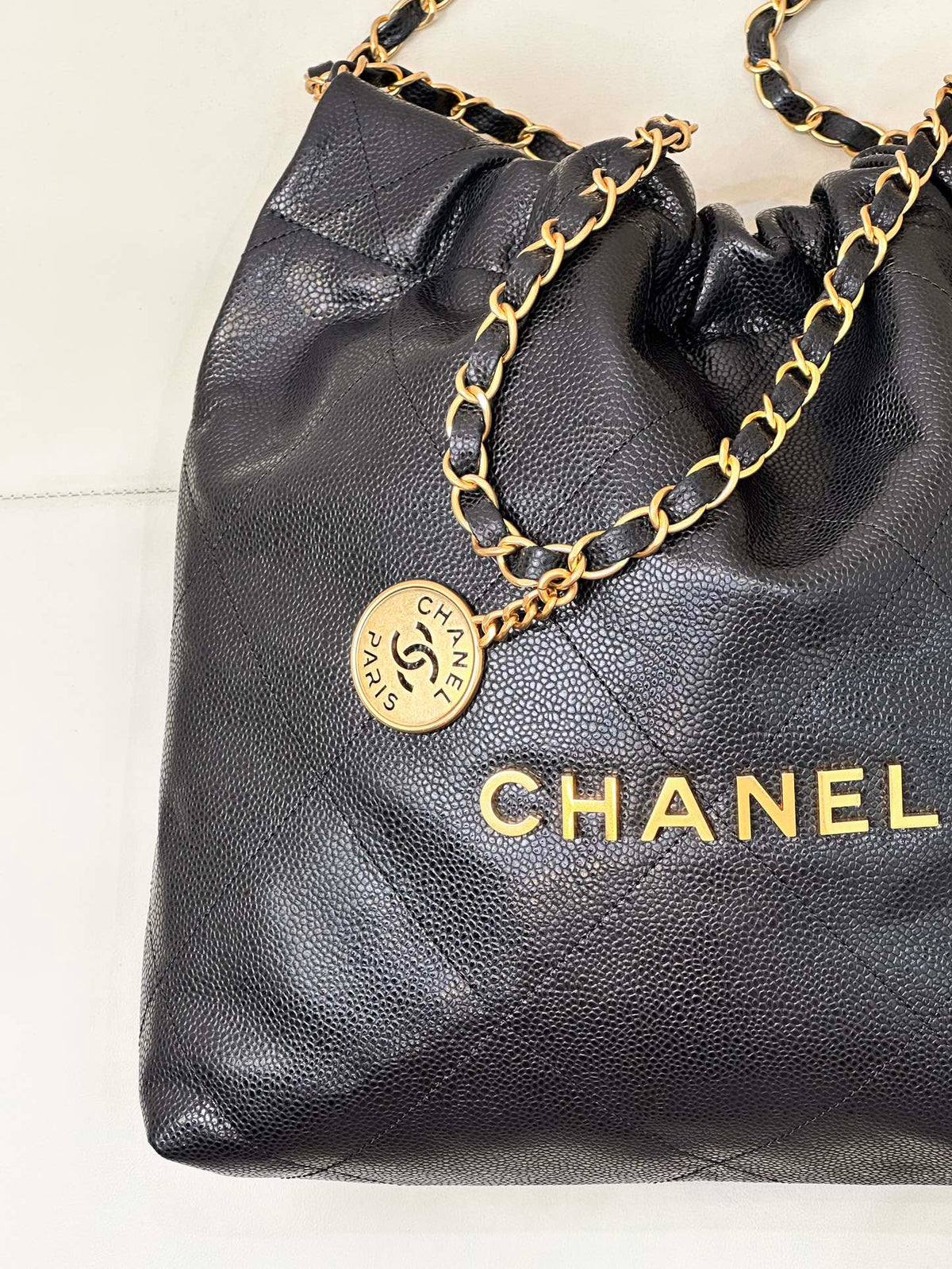 CC 22 Hobo Bag 35cm Black Grained Calfskin Gold Hardware