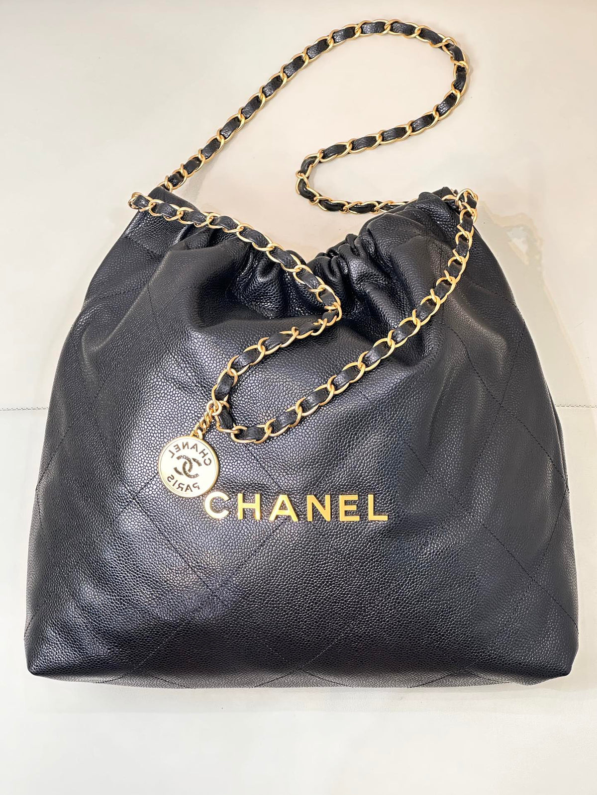 CC 22 Hobo Bag 42cm Black Grained Calfskin Gold Hardware