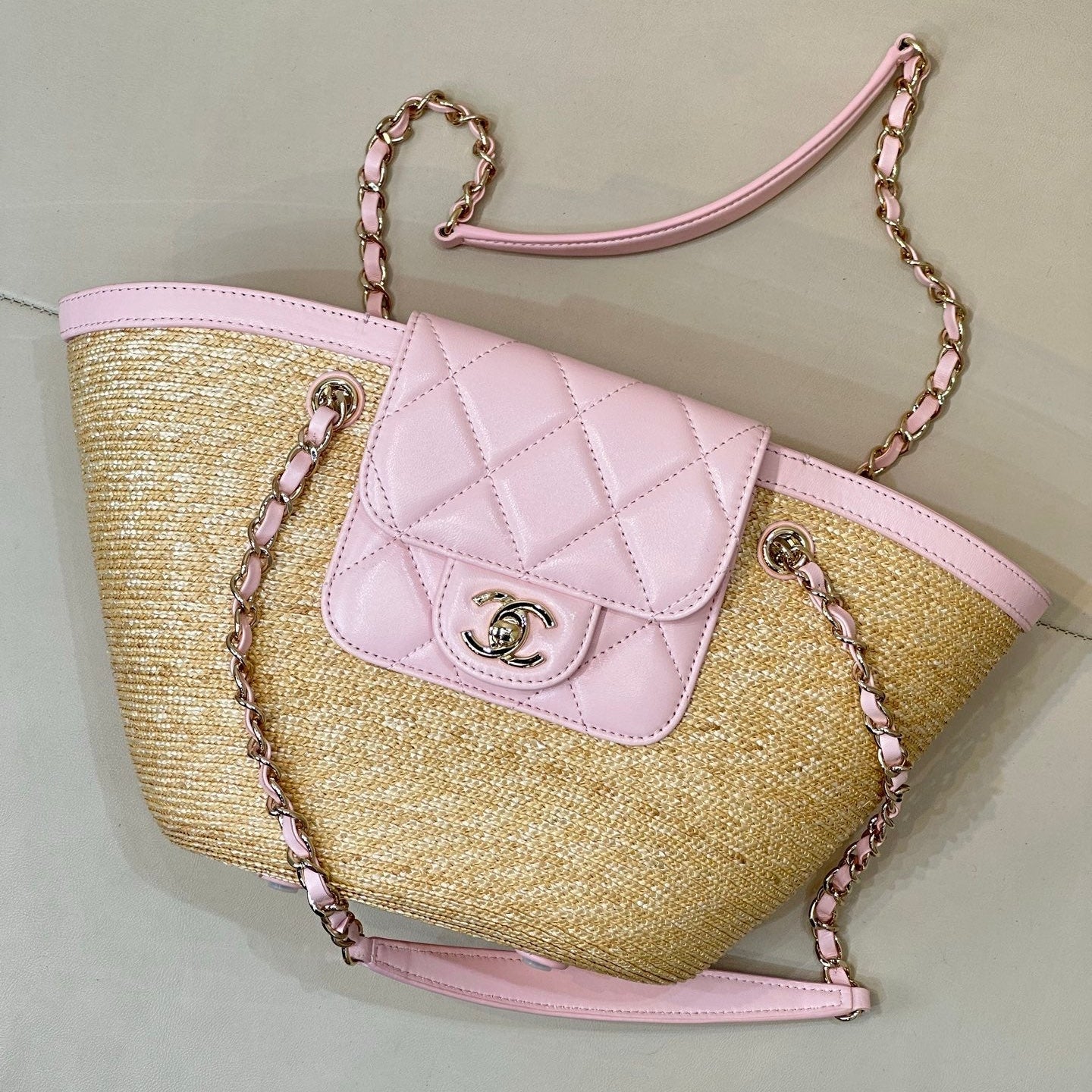 Chanel 2026 Shopping Bag 40cm Beige PInk Straw Lambskin