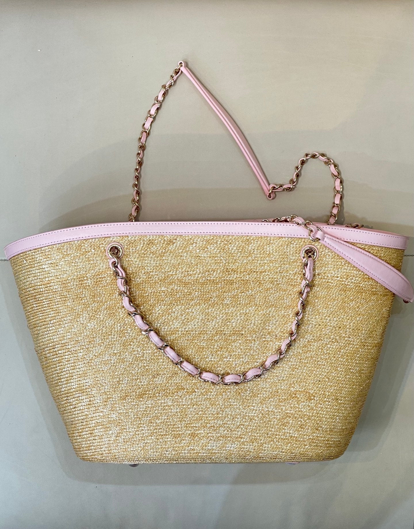 Chanel 2026 Shopping Bag 54cm Beige PInk Straw Lambskin