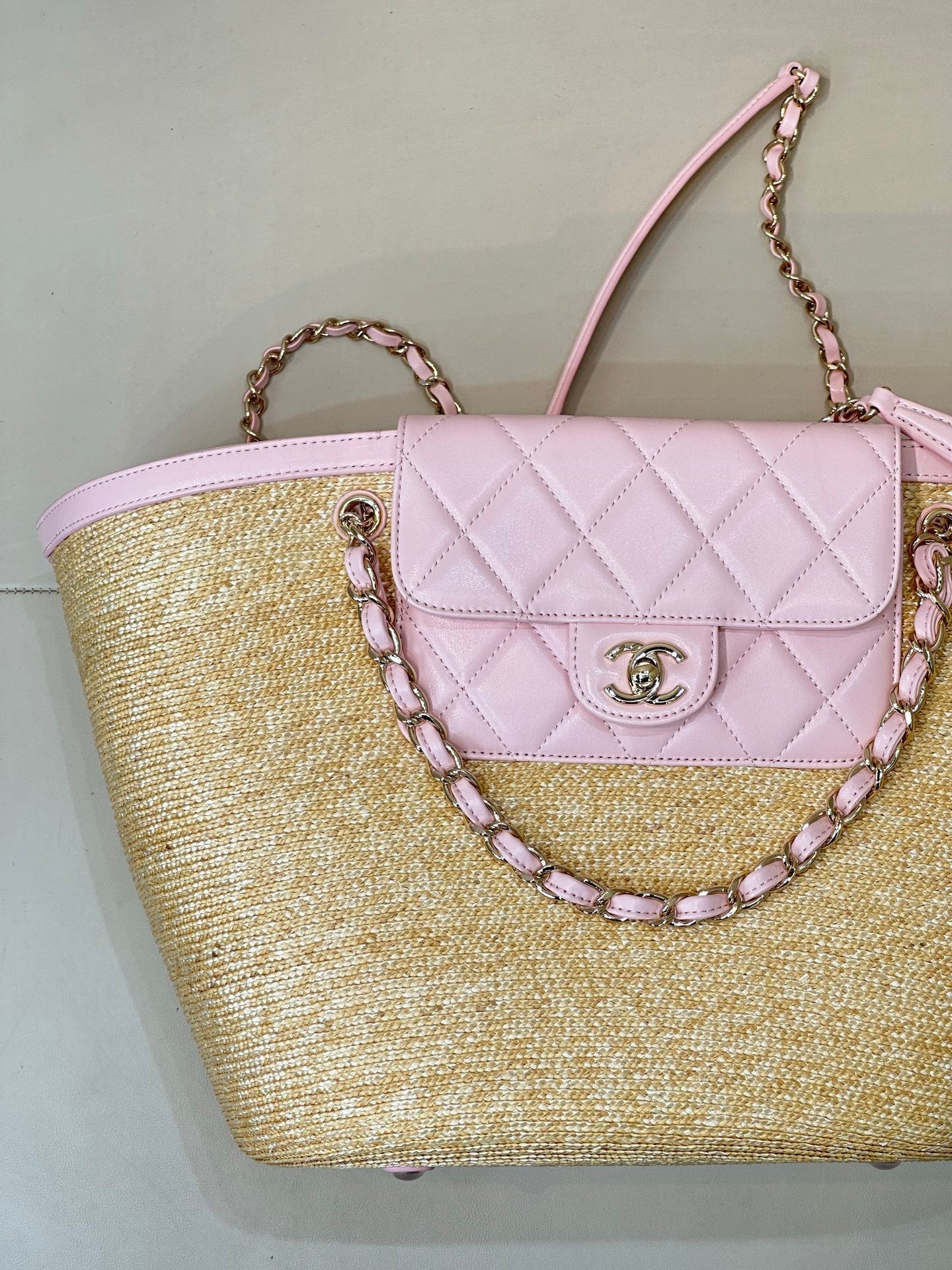 Chanel 2026 Shopping Bag 54cm Beige PInk Straw Lambskin