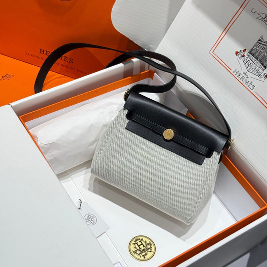HM Mini Herbag Gold Buckle 20 Ecru White Canvas and Hunter Cowhide 243226