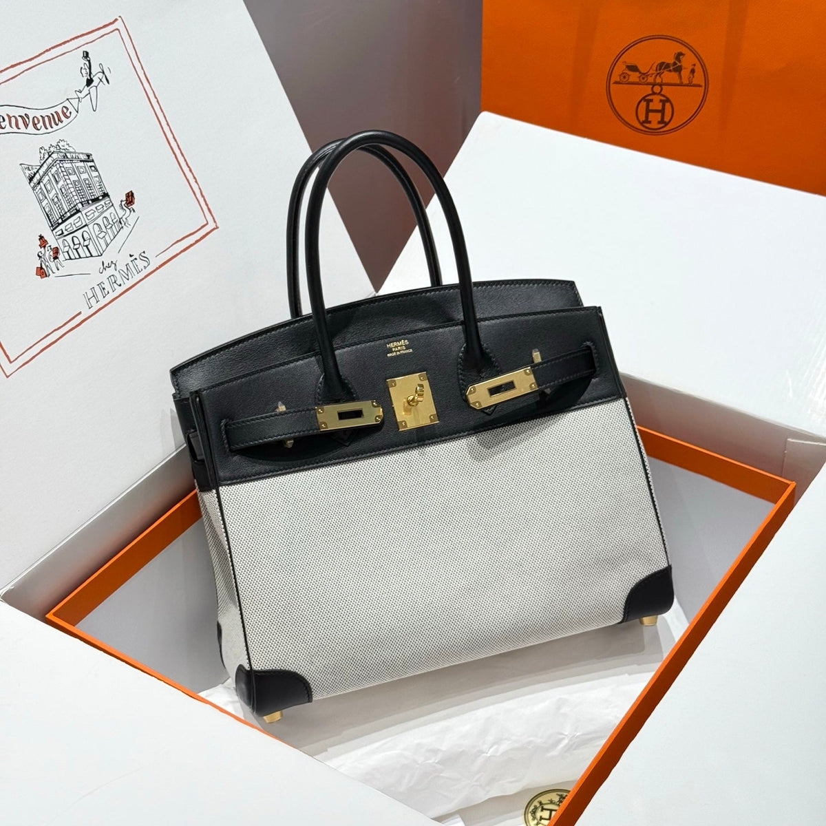 HM Birkin 30cm Black Swift Cowhide With Black White Checkered Canvas Fabric Ghw 249977