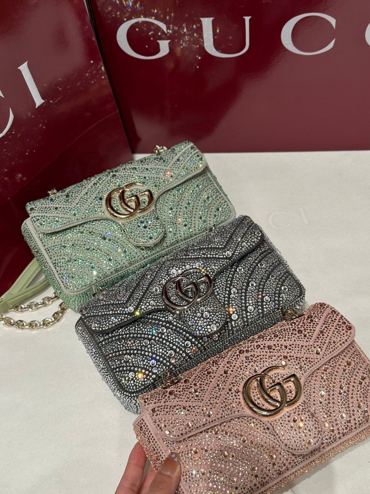 GG Marmont Crystals Small Shoulder Bag Pink Leather