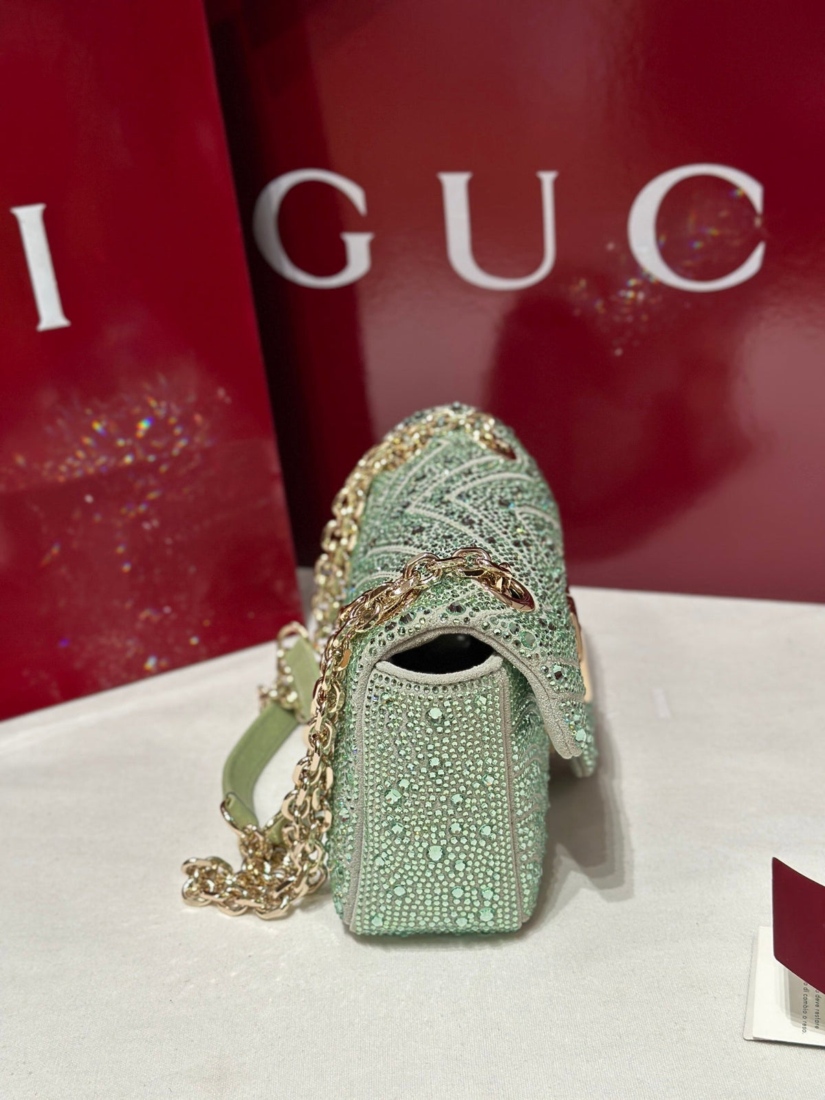GG Marmont Crystals Small Shoulder Bag Green Leather
