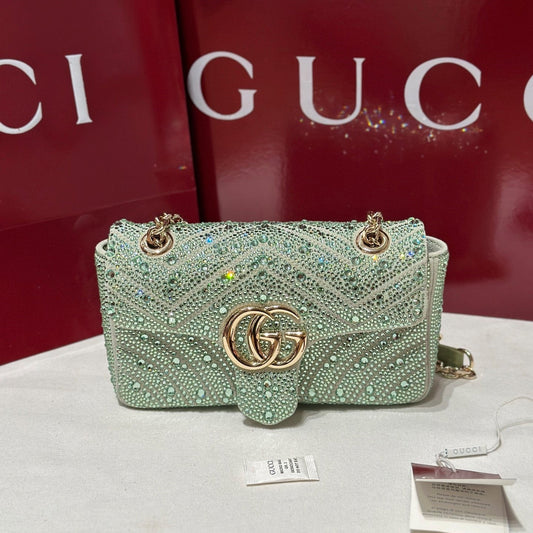 GG Marmont Crystals Small Shoulder Bag Green Leather