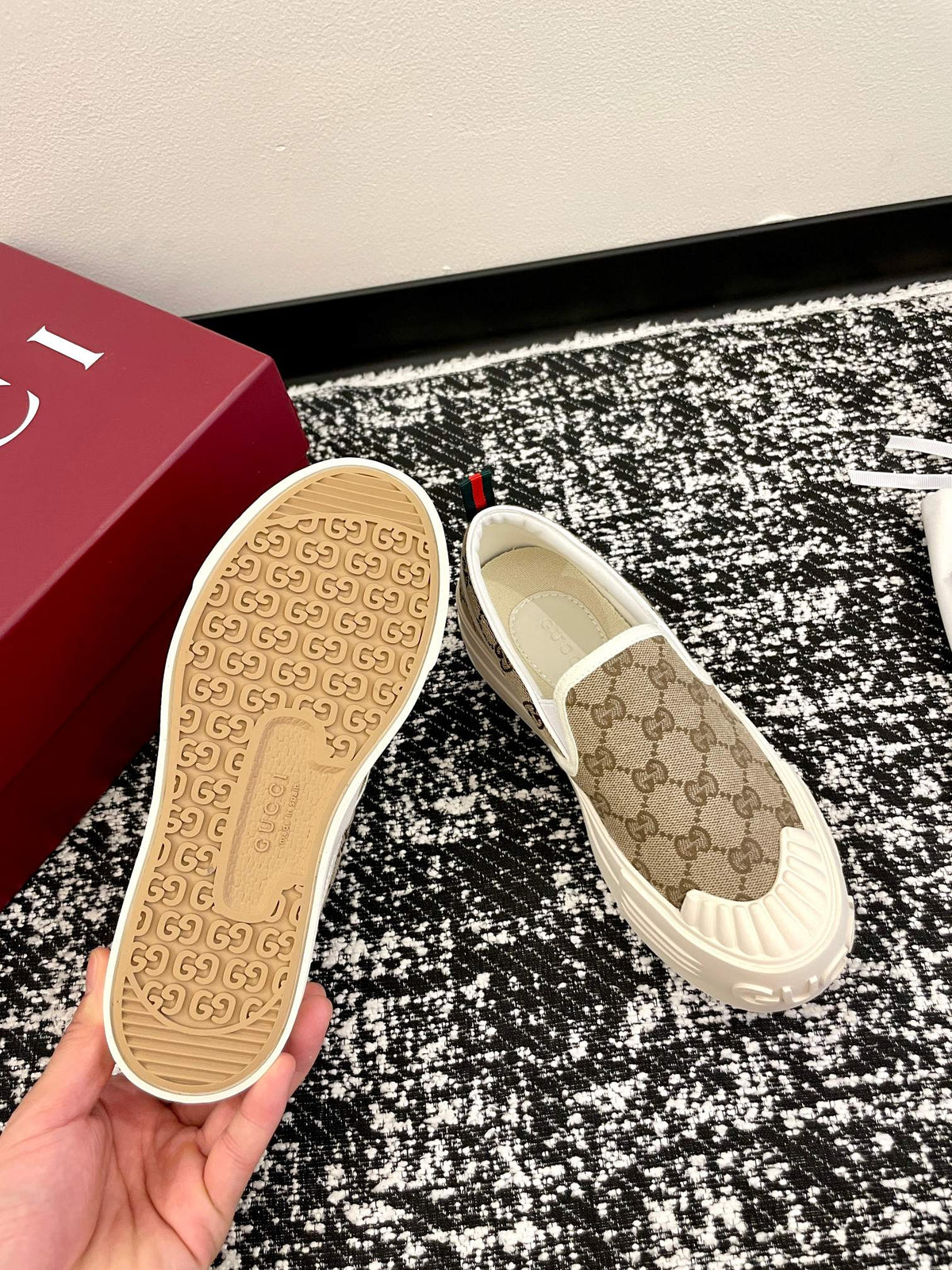GG 26 Platform Loafers Beige White Monogram Denim 632826