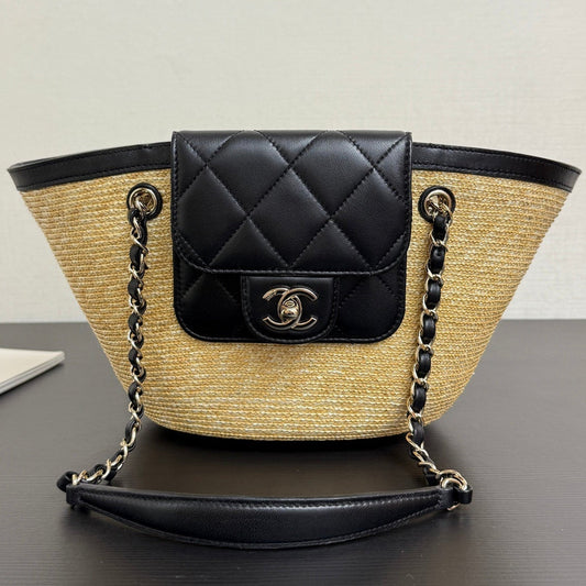 Chanel 2026 Shopping Bag 34cm Beige Black Straw Lambskin