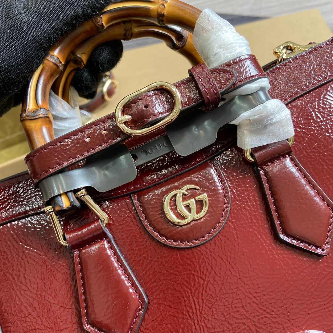 DIANA SMALL TOTE BAG 27 WITH WEB IN WINE RED LACQUER CALFSKIN BAMBOO HANDLE