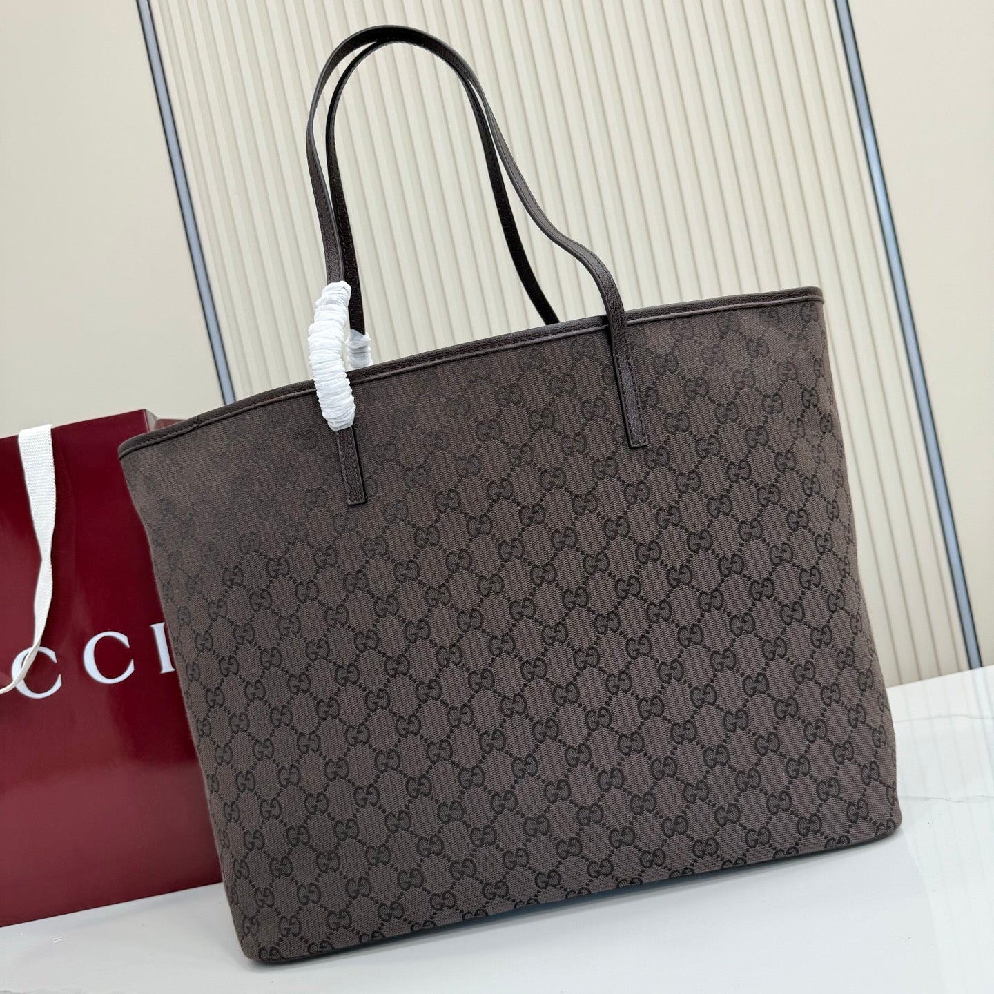 GG Tribeca Large Tote Bag Coffee Canvas Cowhide 141728