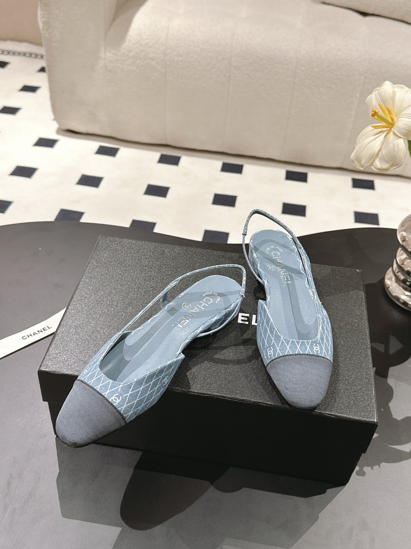 cc 25c slingback flat 15mm cross line pattern light blue denim 237485