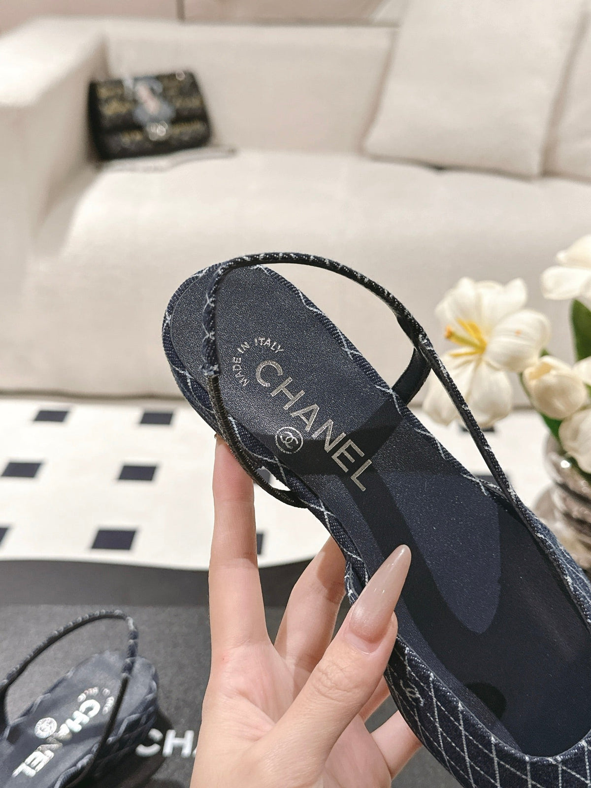 cc 25c slingback flat 15mm cross line pattern dark blue denim 237486