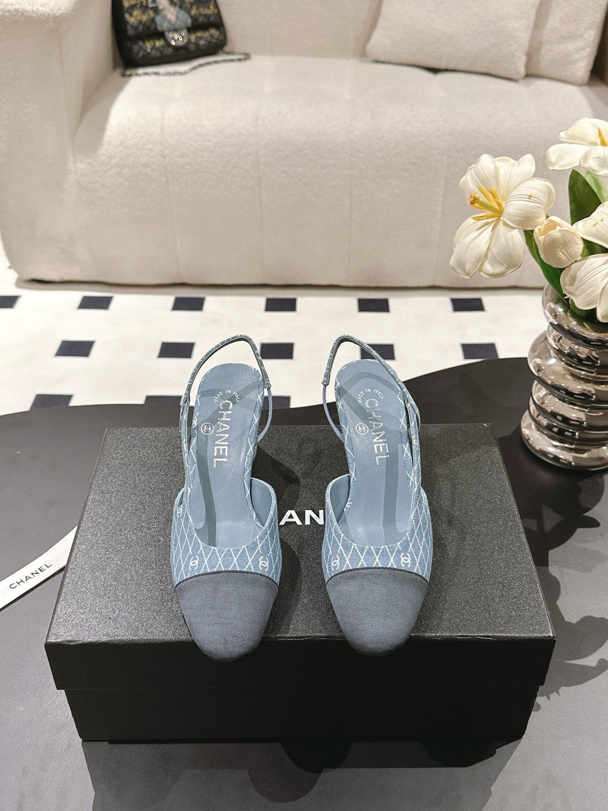 cc 25c slingback 55mm cross line pattern light blue denim 237487