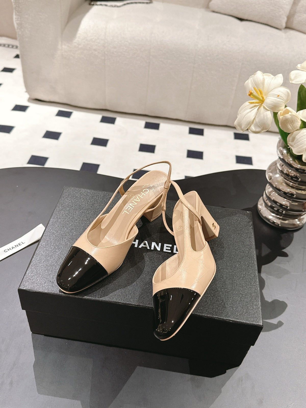 cc 25c slingback 55mm cross line pattern beige lambskin 237495