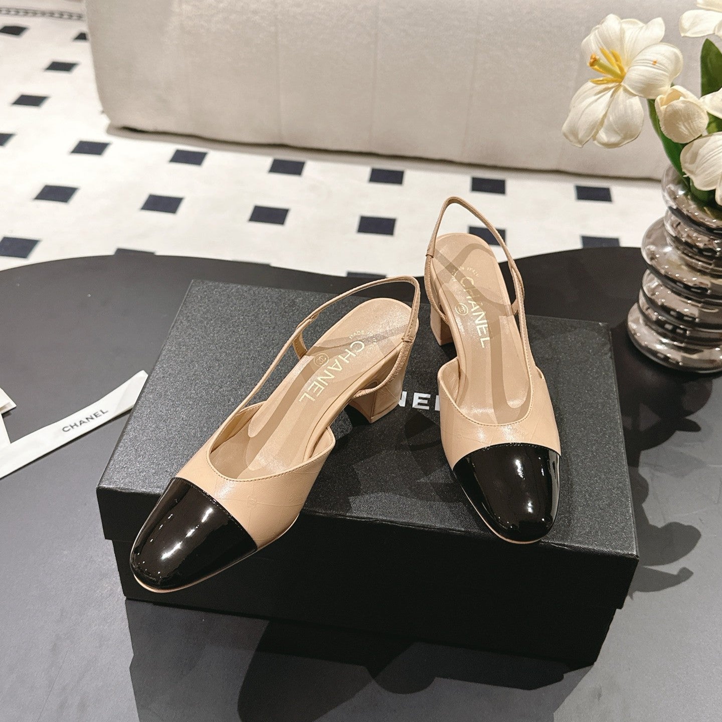 cc 25c slingback 55mm cross line pattern beige lambskin 237495