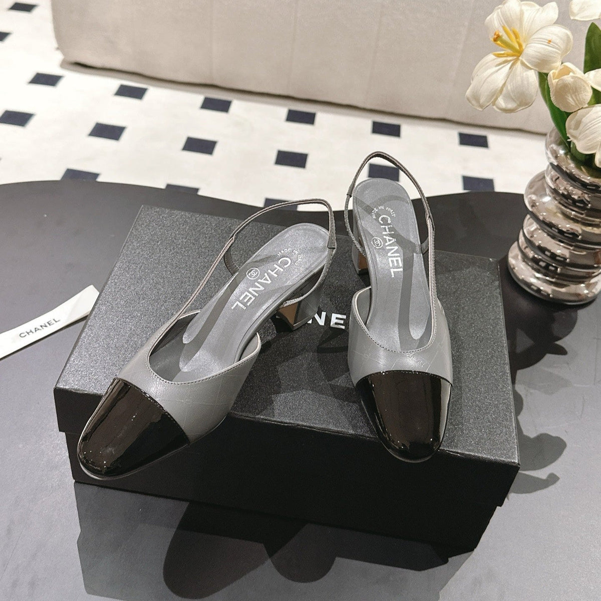 cc 25c slingback 55mm cross line pattern grey lambskin 237497