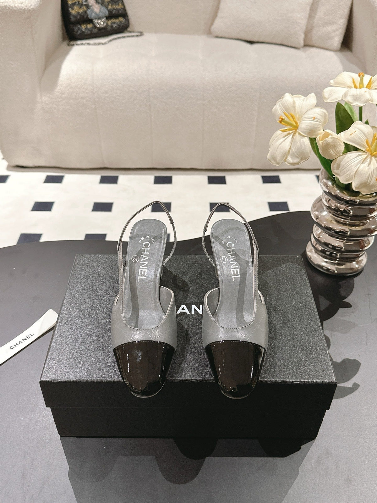cc 25c slingback 55mm cross line pattern grey lambskin 237497