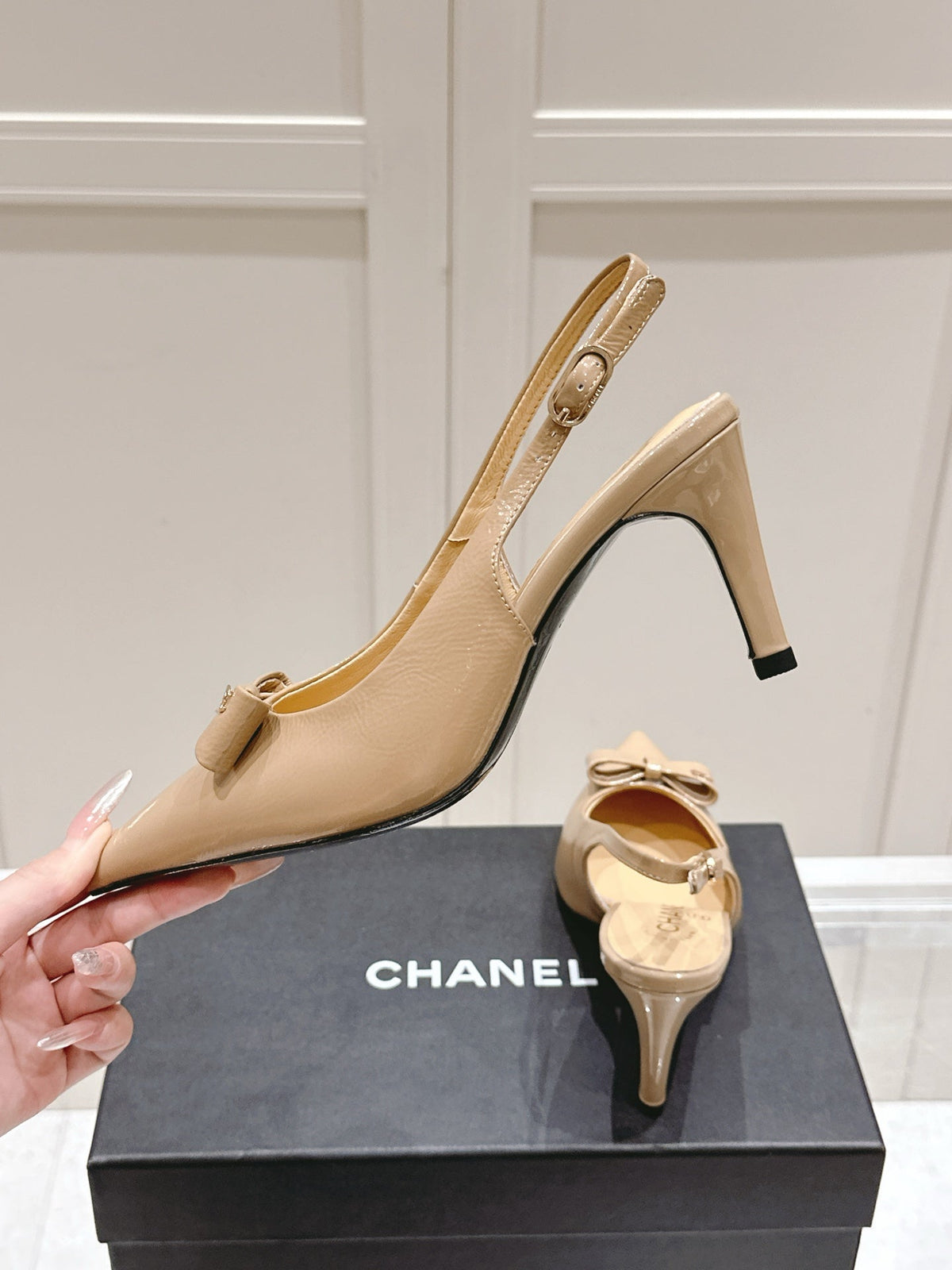 Chanel 25A Slingback Nude Patent Calfskin 393071