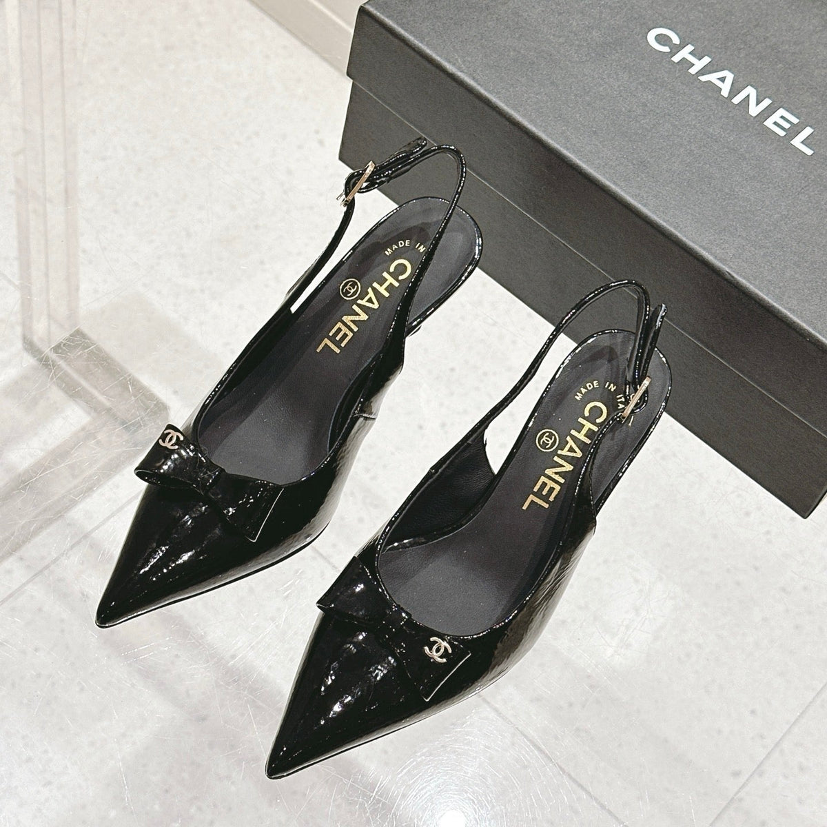 Chanel 25A Slingback Black Patent Calfskin 393073