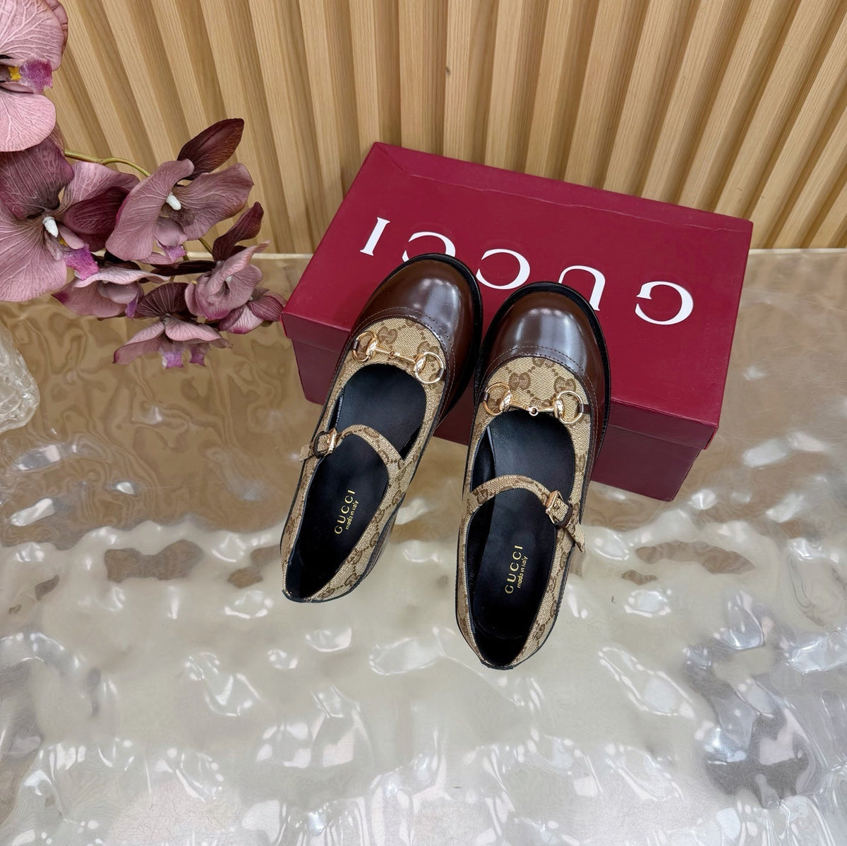 GG 26 Slip-on Brown Beige Sheepskin Double G Denim 589460