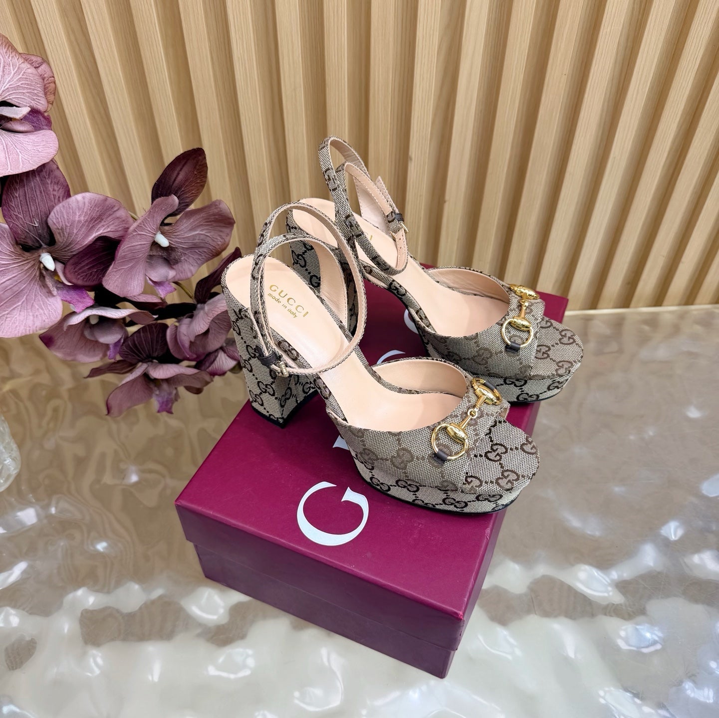 GG 26s Horsebit Platform Sandals 11cm Beige Brown Canvas 886501
