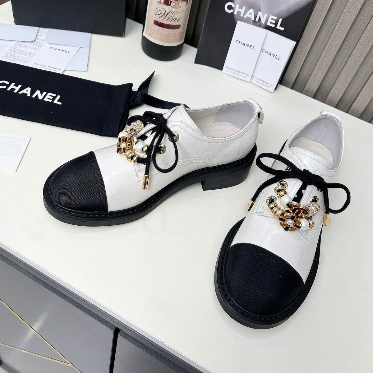 CC Flat Shoe Black White Shiny Aged Calfskin