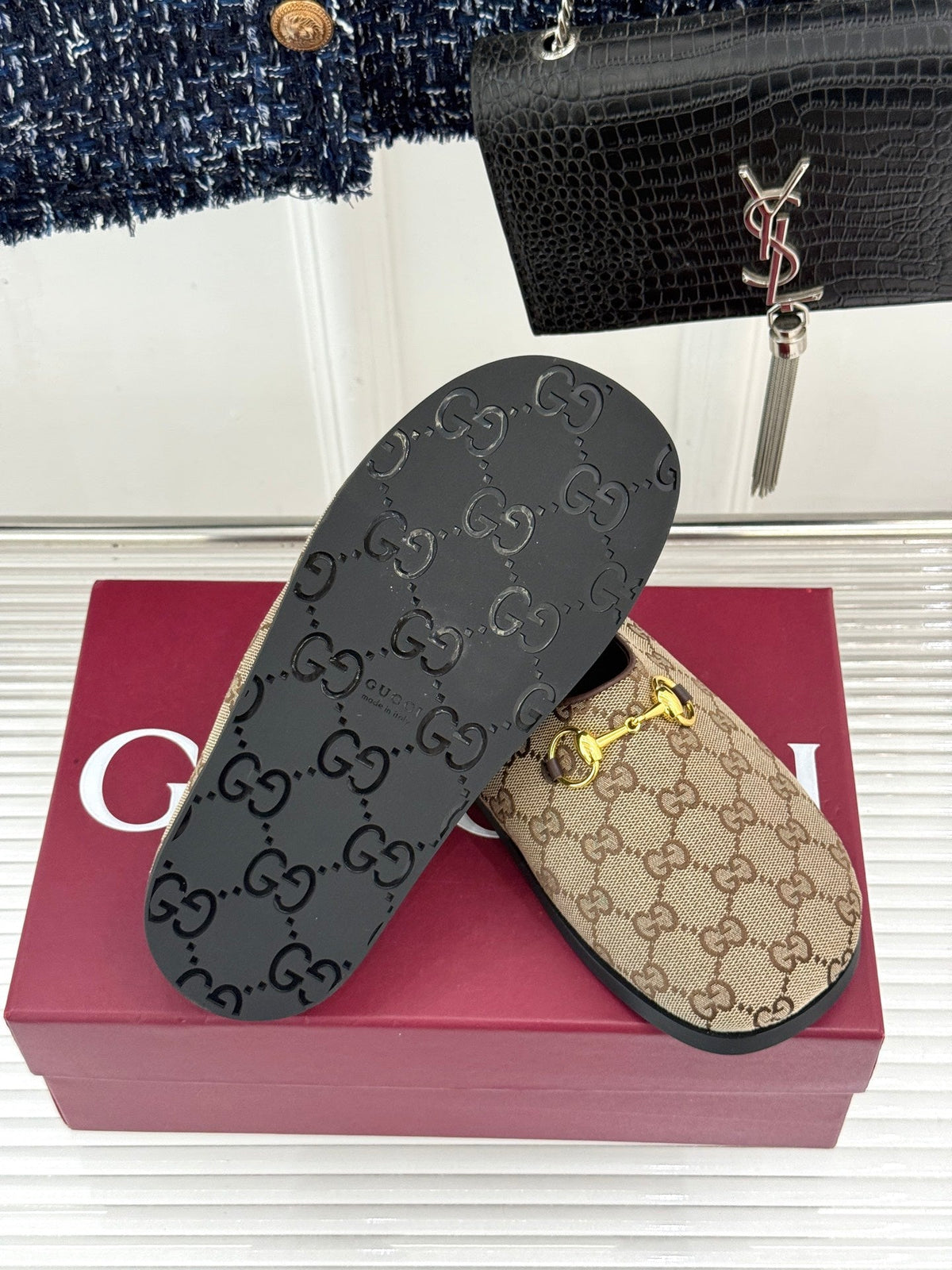 GG Mule With Horsebit Beige Brown Canvas 905748